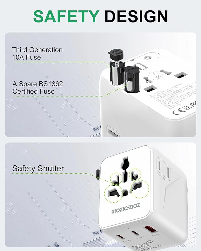 Universal Travel Plug Adapter,5-Port PD&QC Fast Charging Power Adapter(2AC&USB-A&2USB-C),Worldwide Outlet Wall Charger for USA/EU/UK/AUS Over 200 Countries-Type C/A/G/I