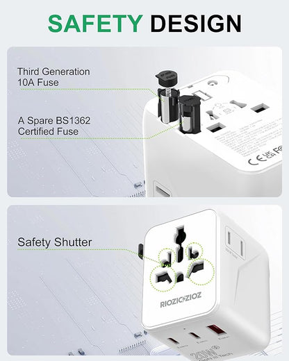 Universal Travel Plug Adapter,5-Port PD&QC Fast Charging Power Adapter(2AC&USB-A&2USB-C),Worldwide Outlet Wall Charger for USA/EU/UK/AUS Over 200 Countries-Type C/A/G/I