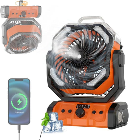 20000mAh Oscillating Camping Fan - Battery Operated Misting Fan with Timer, USB-C, Dual Motor & LED Light for Tent, Beach, Jobsite, Emergency