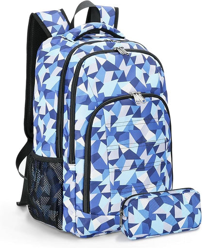 Della Gao College Laptop Backpack with Pencil Case, Digital Check Pattern Travel Backpack for Men, Waterproof Computer Back Pack for Travel, Business, Work, College (Blue-RH, 15.6 Inch)