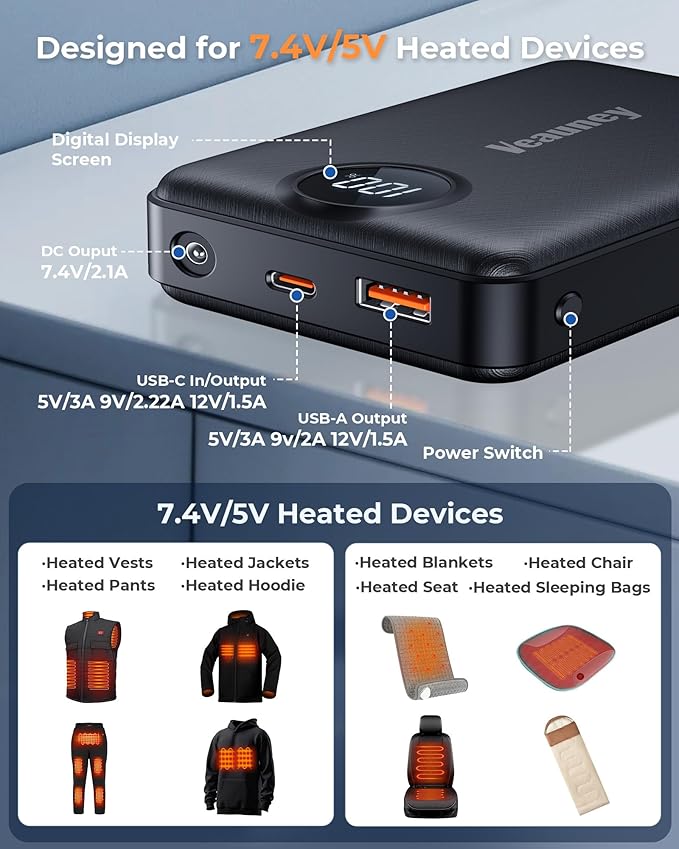Heated Vest Battery Pack 20000mAh Compatible with ORORO, for Venustas, Battery Pack for Heated Vest with 5V USB+7.4V DC Dual Port, Rechargeable Power Bank for OCQOCQ, for TODWARM, for Weamest