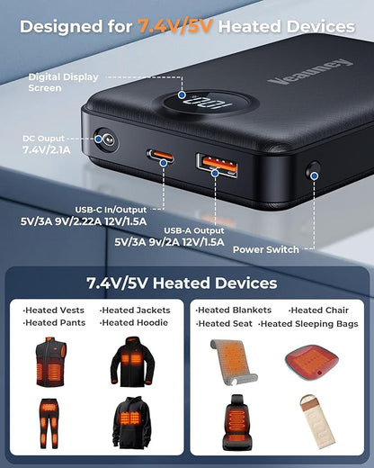 Heated Vest Battery Pack 20000mAh Compatible with ORORO, for Venustas, Battery Pack for Heated Vest with 5V USB+7.4V DC Dual Port, Rechargeable Power Bank for OCQOCQ, for TODWARM, for Weamest