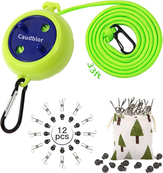 Portable Travel Clothesline Cord, Caudblor Adjustable 33ft Camping Clothes line, Laundry Drying Rope for Hotel Trip, Cruise, Outdoor/Indoor, with 12Pcs Stoppers, Windproof Clothespins