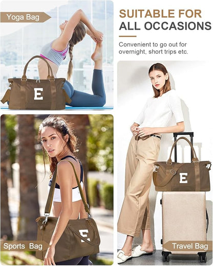 Birthday Graduation Gifts for Daughter,Initial Travel Duffel Bag Sports Gym Bag for Girls Teen Kids Birthday Gifts,Personalized Weekender Bag Carry On Tote Bags Cute Overnight Bag for Women(Brown, E)