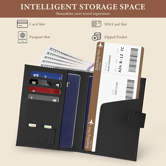Genuine Leather Passport Holder for Women Men, Hidden Airtag Pocket, RFID Blocking, Zippered Coins Pocket & Cash Compartment Travel Gifts Essentials Passport Cover Case - Black