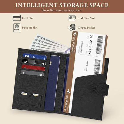 Genuine Leather Passport Holder for Women Men, Hidden Airtag Pocket, RFID Blocking, Zippered Coins Pocket & Cash Compartment Travel Gifts Essentials Passport Cover Case - Black