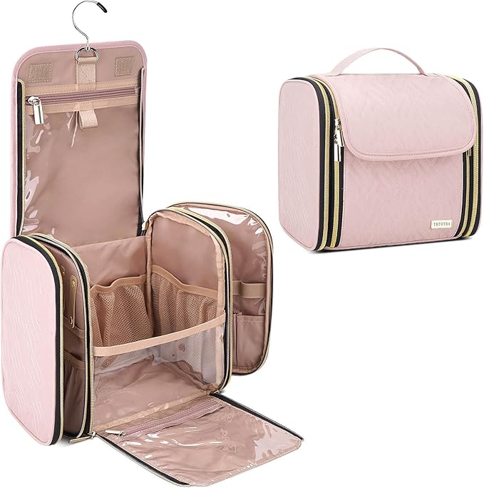 Hanging Toiletry Bag & Makeup Bag for Women with Jewelry Organizer - TSA Approved Large Capacity Travel Cosmetic Organizer, Waterproof Shower Essentials Case with Transparent Pockets, Pink