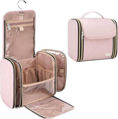 Hanging Toiletry Bag & Makeup Bag for Women with Jewelry Organizer - TSA Approved Large Capacity Travel Cosmetic Organizer, Waterproof Shower Essentials Case with Transparent Pockets, Pink