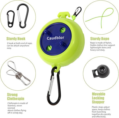 Portable Travel Clothesline Cord, Caudblor Adjustable 33ft Camping Clothes line, Laundry Drying Rope for Hotel Trip, Cruise, Outdoor/Indoor, with 12Pcs Stoppers, Windproof Clothespins