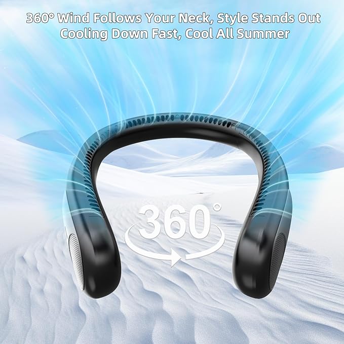Portable Neck Fan,Personal Wearable Bladeless Fan,LED Display,4-Speeds,6000mAh USB Rechargeable,360° Strong Cooling Wind,Hands Free,Long Lasting,Birthday Gifts for Men Women Dad Mom (Black)