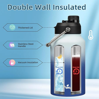 Jug with Handle,87 oz Insulated Water Bottle with Carrying Pouch, Double Wall Vacuum Stainless Steel Metal Bottle,Sky