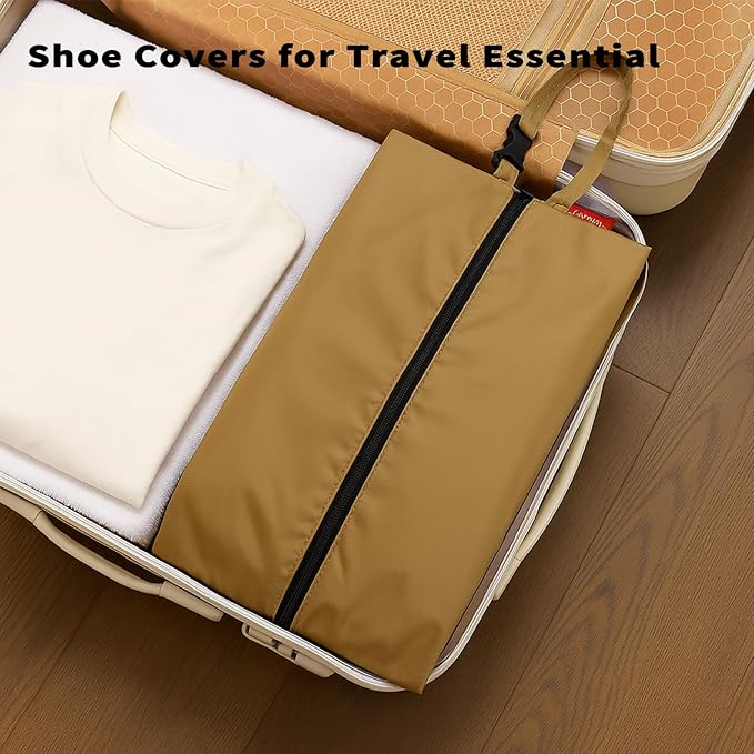 4Pack Travel Shoe Bags for Packing in Suitcase - Cleat Bags for Sports Smell Proof with Snap and Zipper, Waterproof Dustproof Shoe Pouch for Golf Soccer Gym Sports Travel (Black+Khaki)