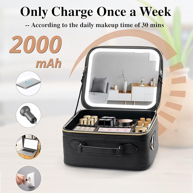 SJD Travel Makeup Bag with LED Mirror, Portable Cosmetic Case Organizer with Lighted Mirror, Waterproof Makeup Case for Cosmetic Brush Holder Storage, Black Toiletry Bag for Women Gift