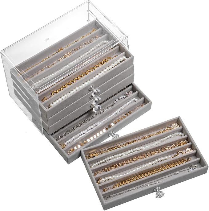 SPAKOWN Necklace Organizer Box, Velvet Necklace Box Holder Tray with Clear Lid Chains Showcase Stackable Necklace Storage for Pendant Bracelet (5 Drawers - Grey)