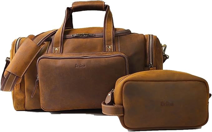 Genuine Leather Travel Bag with Matching Toiletry 2-Pc Set Carry On 22x11x12 in with Trolley Straps, Shoulder Strap and Laundry Bag by De Lira