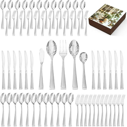 KINGSTONE Silverware Set, 65-Piece Flatware Set for 12, 18/10 Stainless Steel Cutlery Set with Bead Edge, Utensil for Kitchen, Home, Party, Wedding, Mirror Polished, Dishwasher Safe, Featured Gifts