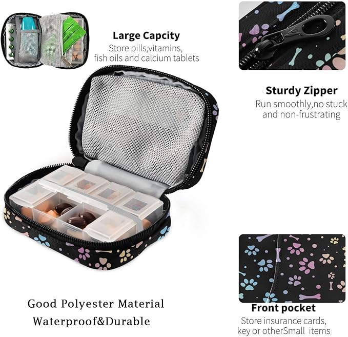 Fustylead Animal Paw and Bone Travel Pill Organizer Case Zipper for Purse with Removable Weekly Pill Box for Medicine, Vitamin, Supplement Medicine Organizer