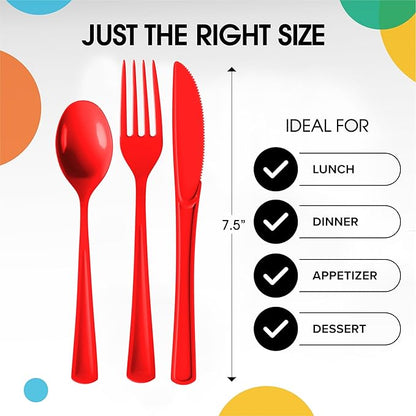 Red Plastic Silverware Heavy Duty 300 Pieces Red Disposable Silverware Heavy Duty, Utensil Sets, 100 Of Each Forks, Knives & Spoons Disposable Cutlery Set For Party Supplies