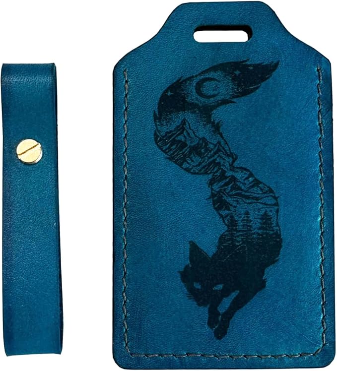 Mayan Corner - Handcrafted Leather Luggage Tag, Fox Design, Blue, ID Window, Brass Hardware, 4.3 x 2.7 inches