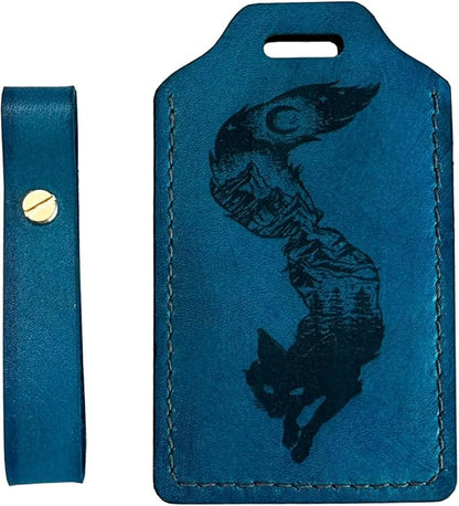 Mayan Corner - Handcrafted Leather Luggage Tag, Fox Design, Blue, ID Window, Brass Hardware, 4.3 x 2.7 inches