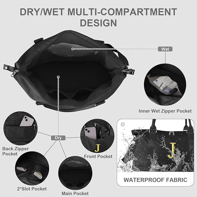 Personalized Initial Gym Dance Bag, Travel Duffel Bag for Teen Girls, Carry On Bag Overnight Weekender Bag with Trolley Sleeve, Birthday Gifts for Women Mom Daughter Graduation Gift(Letter J, Black)