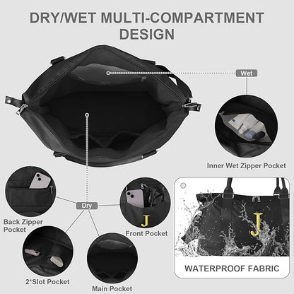 Personalized Initial Gym Dance Bag, Travel Duffel Bag for Teen Girls, Carry On Bag Overnight Weekender Bag with Trolley Sleeve, Birthday Gifts for Women Mom Daughter Graduation Gift(Letter J, Black)