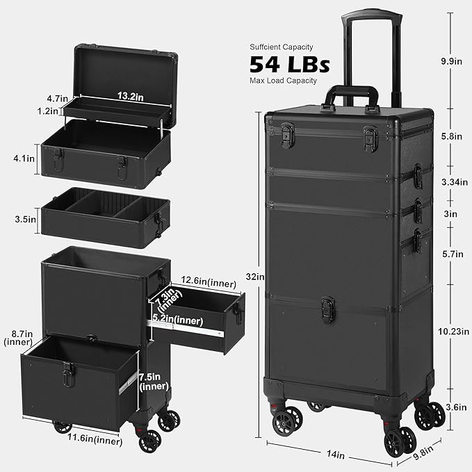 Makeup Train Case with Drawer, Rolling Makeup Case, Cosmetology Case on Wheels, Gift, Travel Makeup Organizers, Profesional Cosmetic Case for Salon Barber,Nail,Tattoo, Black