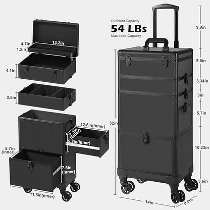 Makeup Train Case with Drawer, Rolling Makeup Case, Cosmetology Case on Wheels, Gift, Travel Makeup Organizers, Profesional Cosmetic Case for Salon Barber,Nail,Tattoo, Black
