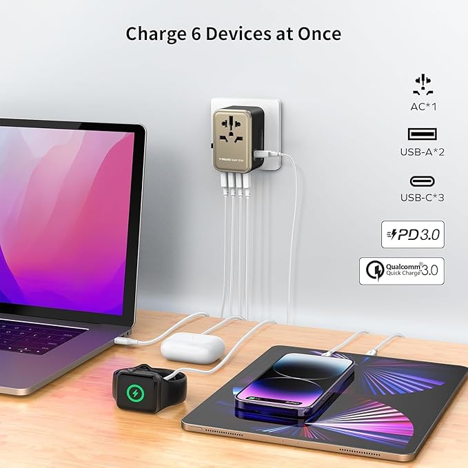 MOMAX 6-in-1 Universal Travel Adapter, GaN 70W International Power Adapter, 3 USB-C PD Fast Charging & 2 USB-A QC, 1 AC, All-in-one International Plug Adapter for Travel European UK AUS JP