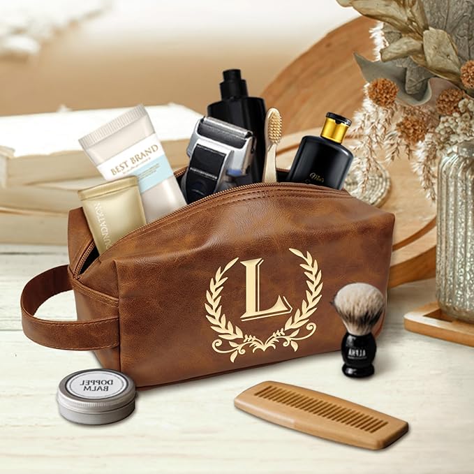 Personalized Toiletry Bag for Men Engraved Initial Leather Kit, Waterproof Travel Essentials Bag (L)
