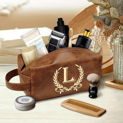 Personalized Toiletry Bag for Men Engraved Initial Leather Kit, Waterproof Travel Essentials Bag (L)