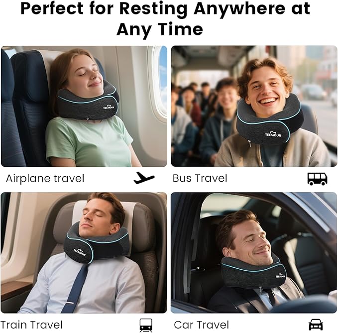 Travel Neck Pillow for Airplane -360° Support, Stocking Stuffers, Memory Foam Travel Pillows for Airplanes With Eye Mask & Earplugs, Portable Carry Bag for Long Flights/Car| Best Airplane Accessories