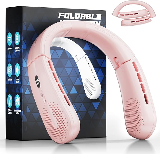 ChillGo Portable Neck Fan - 8400 RPM Enlarged Turbo Airflow - 5200mAh Personal Rechargeable Cooling Wearable Fan - Max 16H, 4 Speeds, Foldable, LED Display - Great Gifts for Men Women - 2nd Gen Pink