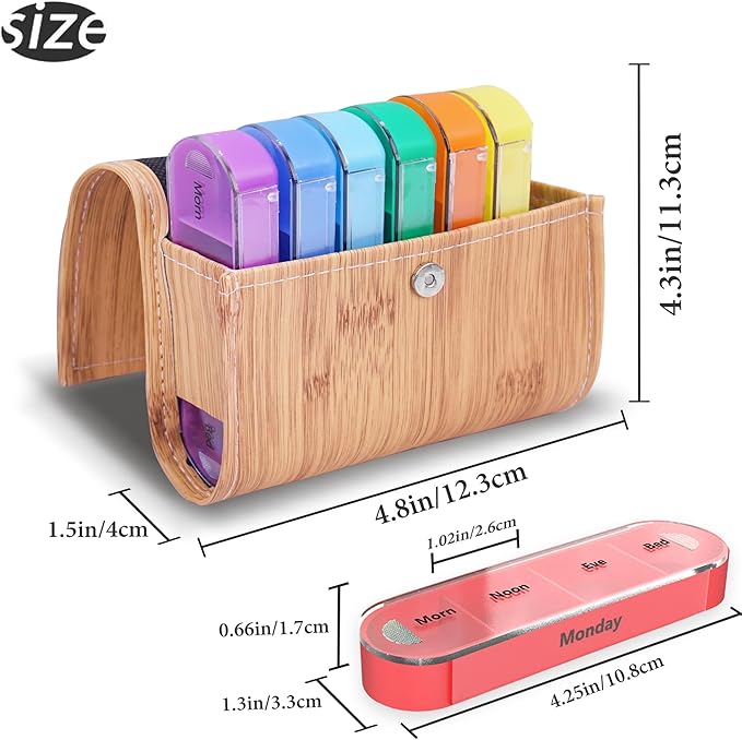 Pill Organizer,LIZIMANDU Weekly Travel Pill Case Box Medication Reminder Daily AM PM, Day Night 7 Compartments,for 4 Times A Day, 7 Days a Week-Includes Leather PU Carrying Case(1-Wood-Beige)