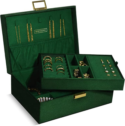 Benevolence LA 2 Layer Jewelry Box for Women, Large Velvet Jewelry Organizer with Decorative Lock, Removable Jewelry Tray, Earrings, Bracelets, Rings and Necklace Storage Box - Emerald