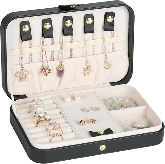 Small Jewelry Box, Travel Jewelry Case Portable Jewelry Boxes for Women, 2-Layer Mini Jewelry Travel Organizer, Gift for Women Girls,Black D