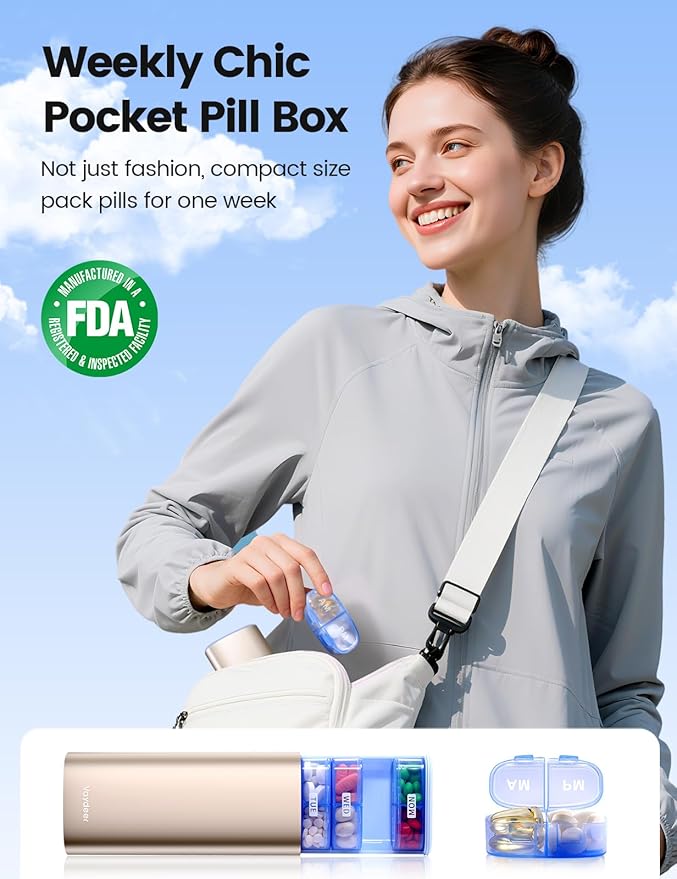 Vaydeer Large Weekly Pill Organizer 2 Times a Day,Metal 8 Day Travel Pill Box with Double Protection,AM PM Pill Case for for Medication, Vitamins, Fish Oils, Supplements(Rose Gold)