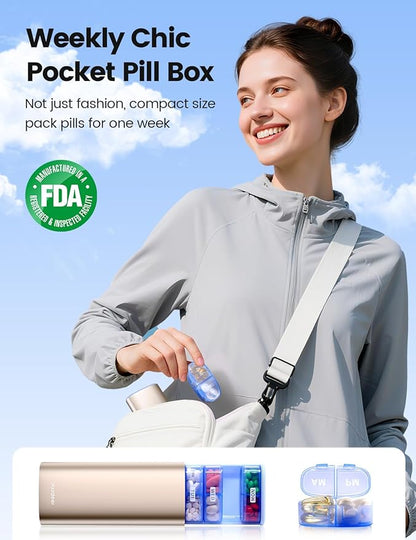 Vaydeer Large Weekly Pill Organizer 2 Times a Day,Metal 7 Day Travel Pill Box with Double Protection,AM PM Pill Case for for Medication, Vitamins, Fish Oils, Supplements(Black)