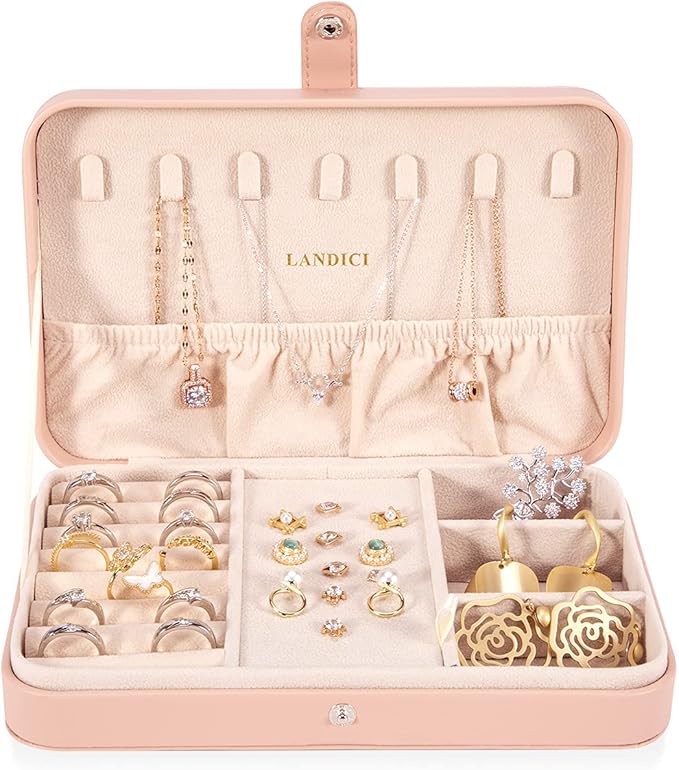 LANDICI Small Jewelry Box for Women Girls, PU Leather Travel Jewelry Case, Portable Jewelry Organizer Storage Holder Display for Ring Earrings Necklace Bracelet Bangle Men Kids Gift, Pink