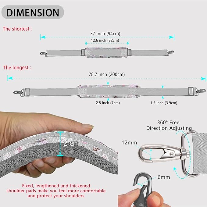 ZINZ 79 inch Shoulder Strap, Extra-thick Fixed Cushion Pad and Dual Clasps Universal Replacement Strap with Metal Swivel Hooks for Laptop Bags, Luggage Bags, Camera, Crossbody(Butterfly)