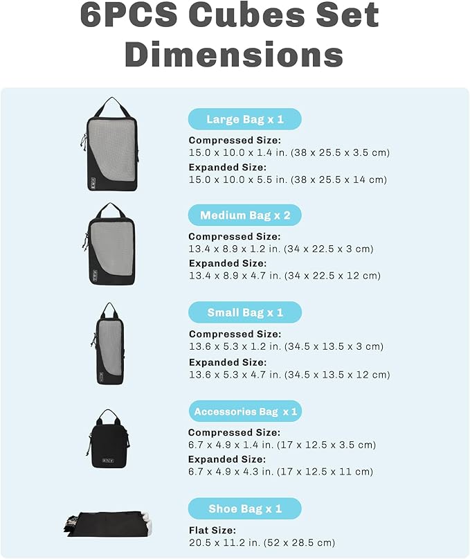 Hynes Eagle 6 Set/ 4 Set/ 2 Set Compression Packing Cubes Travel Essentials Lightweight Nylon Luggage Suitcase Organizer Bag Black 6PCS