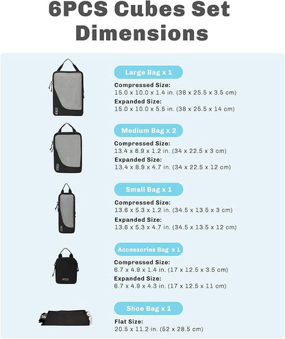 Hynes Eagle 6 Set/ 4 Set/ 2 Set Compression Packing Cubes Travel Essentials Lightweight Nylon Luggage Suitcase Organizer Bag Black 6PCS