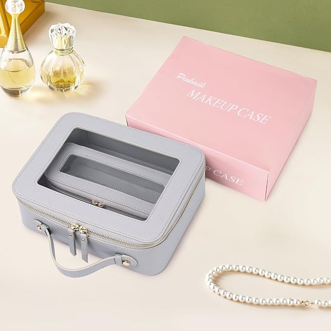 Pinkmik Clear Makeup Bag with Brush Bag 2pcs Waterproof Travel Case for Cosmetics and Toiletries Women's Cosmetic Organizer with Zipper (Gray, L+SLIM)