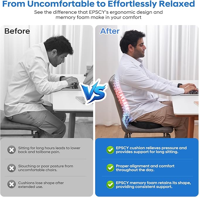 EPSCY Memory Foam Seat Cushion, Black, Ergonomic Comfort for Office Chair, Car, Airplane & Bleacher, U-Shaped Design for Enhanced Support & Comfort, Portable, Non-Slip, Washable Cover for Everyday Use