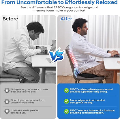 EPSCY Memory Foam Seat Cushion for Office Chair, Car, Airplane & Bleachers – Ergonomic Support for Sciatica, Hip & Tailbone Pain Relief – Comfort Pad for Long Sitting, Office Workers & Driver - Grey