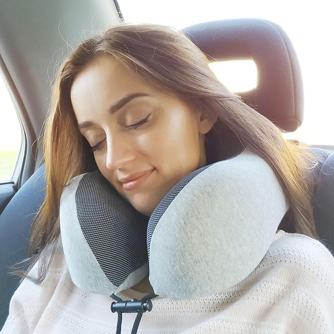napfun Neck Pillow for Traveling, Upgraded Travel Neck Pillow for Airplane 100% Pure Memory Foam Travel Pillow for Flight Headrest Sleep, Portable Plane Accessories, Light Grey Set
