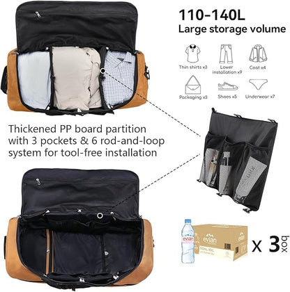 Vomgomfom Wheeled Collapsible Duffel Bag,110L-140L Expandable Checked Luggage, No-Telescopic-Handle with Anti-Burst Zipper & Reinforced Frame,Brown