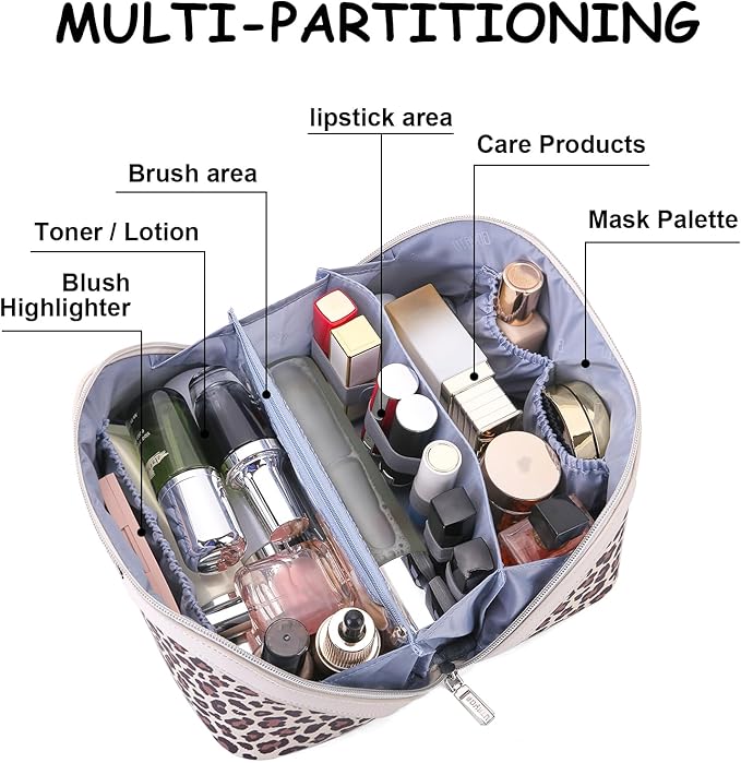 BOYATU Travel Makeup Bag for Women: 3 Pcs Set Portable Make up Bags with Handle - Leopard Print Cosmetic Bags with Comparments - Waterproof Vegan Leather Toiletry Bag (A-1-Beige)