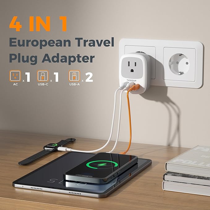 2 Pack European Travel Plug Adapter, TESSAN US to Europe Plug Adapter with 3 USB Ports (1 USB C), Type C Power Outlet for EU International Italy Iceland Spain France Germany
