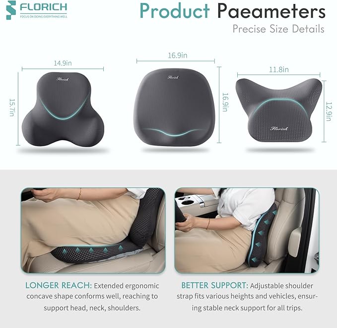 FLORICH Car Seat Cushion and Lumbar Support Pillow for Office Chair Car, Neck Headrest Pillow, Ergonomic Memory Foam, Pressure-Relieving Back Support for Car, Office Chair & Wheelchair – Gray